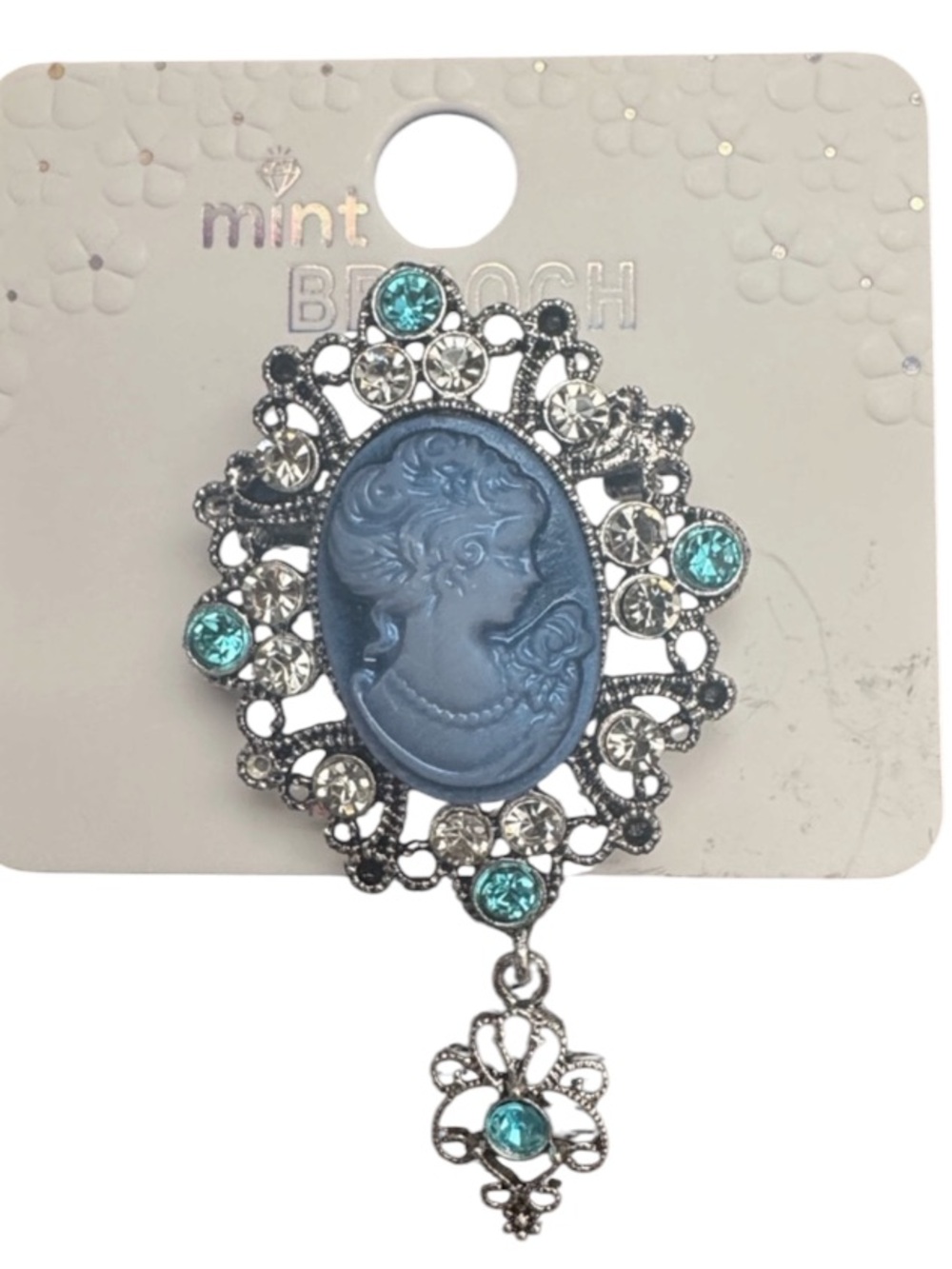 MINT | Elegant Cameo Brooch Silver Plated Beautiful Blues Rhinestones NWT NIP